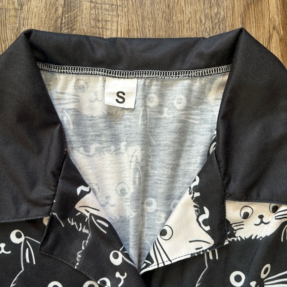 Black and White Cat Print Pajama Set Top Small Bottoms XS - Picture 2 of 8